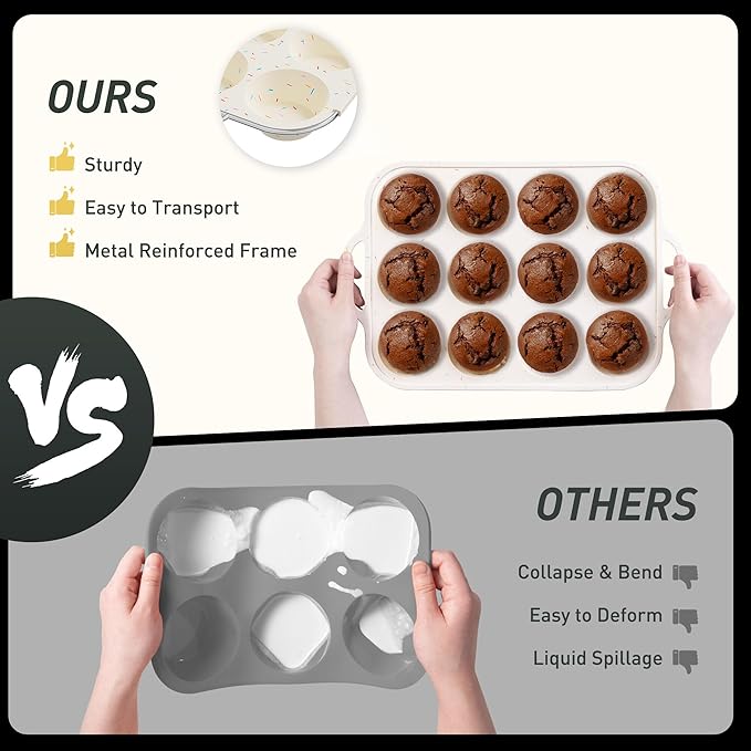 12 Cups Silicone Muffin Pan with Metal Reinforced Frame Regular Size Cupcake Pan Tray Egg Bites Silicone Circle Cookie Molds Muffin Tin Tart Pans Home Baking Supplies Stuff Necessities Cookware