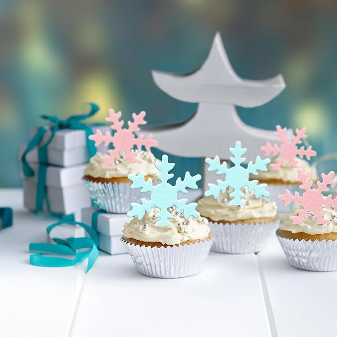 Gyufise 50Pcs Pink Edible Cupcake Cake Toppers Snowflake Cake Decorations for Christmas Winter Frozen Theme Party Supply Decoration Blue Pink