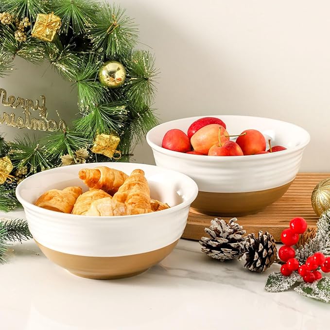 Hasense Ceramic Serving Bowls Set, 60 oz Deep Salad Bowls for Kitchen, 8.5 Inch White Serving Dishes for Christmas Entertaining, Ideal for Soup, Pasta, Side Dishes, Dishwasher Microwave Safe