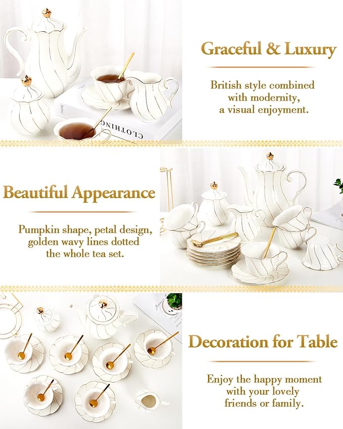 DUJUST 22 pcs White Porcelain Tea Set for 6, Luxury British Style Tea/Coffee Cup Set with Golden Trim, Beautiful Tea Set for Women, Tea Party Set, Gift Package (With a Stand)
