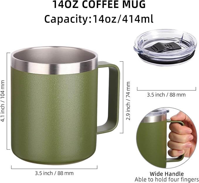 Volhoply 14oz Insulated Stainless Steel Coffee Mug with Lid Bulk 2 Pack,Double Wall Vacuum Travel Coffee Cup with Handle,Reusable Cups Tumbler,Camping Mugs Keep Hot,Ideal Gifts(Army Green,2)