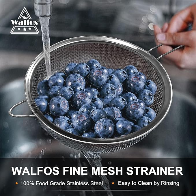 Walfos Fine Mesh Strainer and Fat Skimmer Spoon Set, Multipurpose Metal Strainers for Kitchen, Rice, Quinoa, Food, 304 Stainless Steel Fat Skimmer For Cooking, Fat, Grease, Floating Foam, 5 Pack
