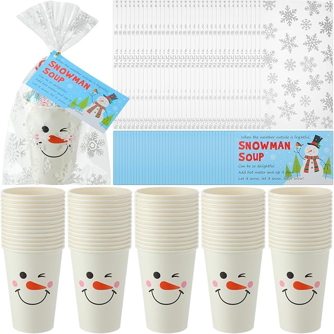 50 Sets Christmas Snowman Soup Kits for Classroom Coworker Gift 12 Oz Winter Snowman Paper Cups for Hot Cocoa Chocolate Marshmallow Soup Tags Clear Xmas Bags (Classic)
