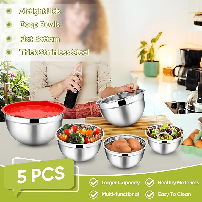 TeamFar Mixing Bowls, 4.5/3/1.5/1/0.7 QT, Stainless Steel Metal Nesting Salad Bowl with Lid Set of 5, Ideal for Prepping Serving, Healthy & Sturdy, Airtight Lid & Easy Clean, Multi-Color