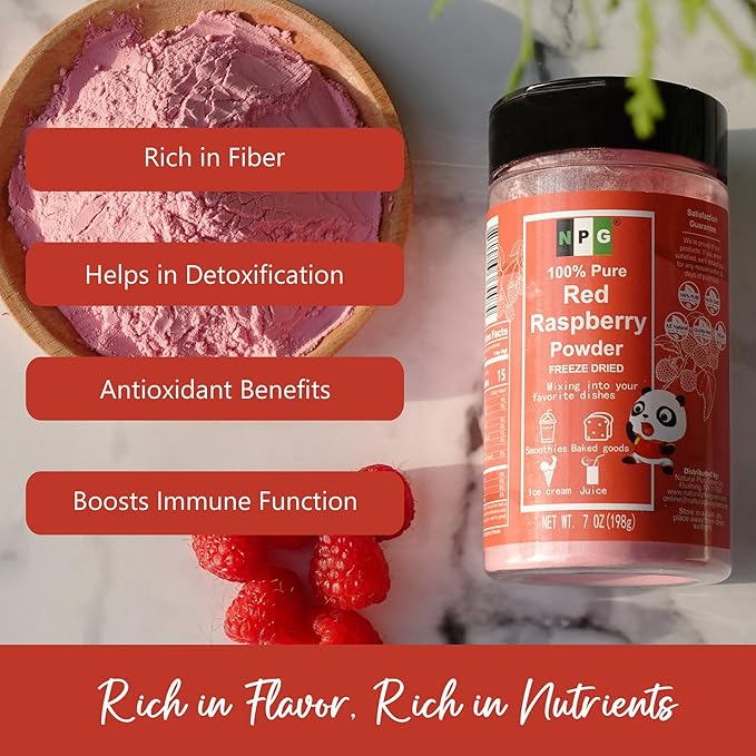 NPG Freeze Dried Red Raspberry Juice Powder 7 Oz, Seedless Fine Superfood Powder for Flavoring, Coloring, Baking, Smoothies, Purees, and Acai Bowls, All Natural