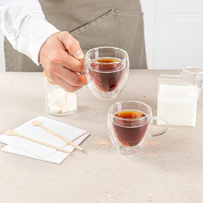 Restaurantware-Forma Professional 5.1 Ounce Glass Coffee Cups, 12 Insulated Coffee Cups With Handle - Dishwashable, Reusable, Clear Double Wall Beverage Tumblers, Freezable, For Hot Or Cold Beverages