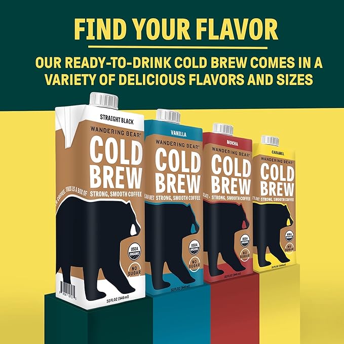 Wandering Bear Straight Black Organic Cold Brew Coffee, 32 fl oz, 6 pack - Extra Strong, Bold, Smooth, Unsweetened, Shelf-Stable, Ready to Drink, 100% Organic, Iced Cold Brewed Coffee Drinks