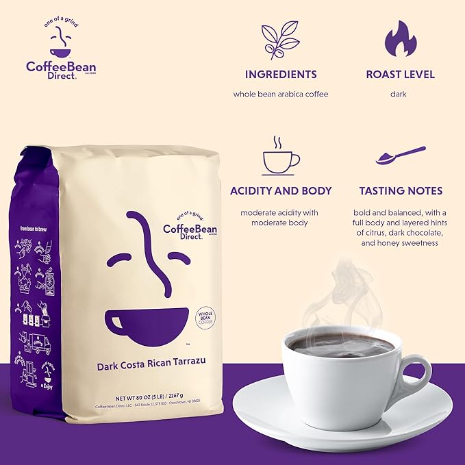 Coffee Bean Direct Dark Costa Rican Tarrazu, Whole Bean Coffee, Dark Roast, 5 Pound Bag (Pack of 1)
