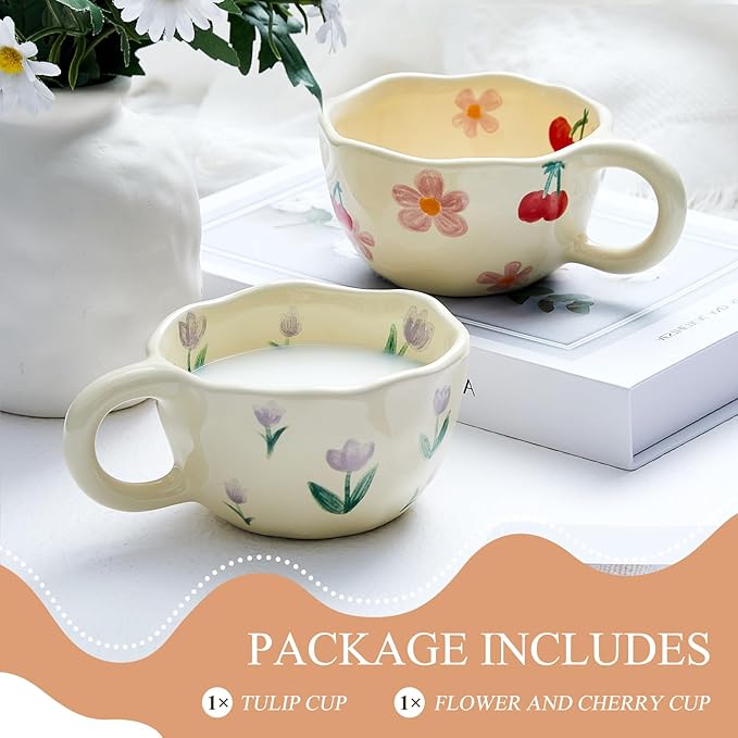 Vesici 2 Pcs Ceramic Coffee Mugs Flower Cups with Spoon Vintage Floral Mugs with Handle 8.5 oz Aesthetic Tea Porcelain Cup Gift for Valentine Office Home, Dishwasher and Microwave Safe(Cute)