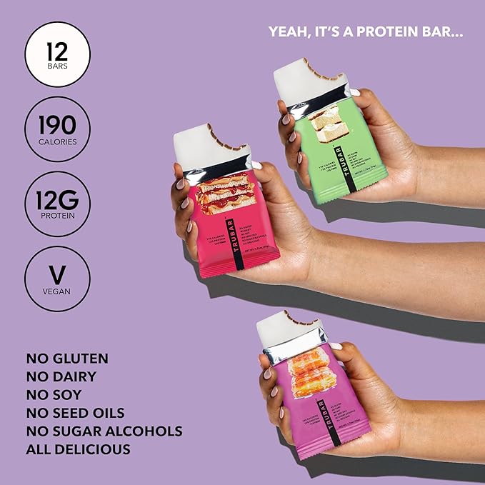 TRUBAR Vegan Protein Bar Variety Pack, Assorted Flavors, Donuts, PB & Jelly, Key Lime, Gluten Free, Vegan Protein Snacks, 12G Plant-Based Protein, High Fiber, Healthy Protein Bars, 12 CT