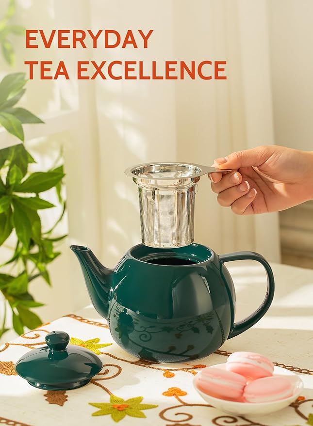 Sweese Teapots for Tea, 27 oz Porcelain Tea pot with Removable Stainless Steel Infuser, Tea Pots for Loose Tea - Dark Green