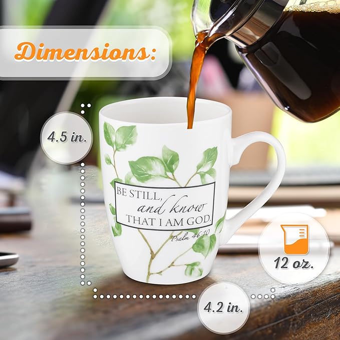 Christian Art Gifts Encouraging Scripture Ceramic Coffee & Tea Mug for Women: Be Still & Know Bible Verse Psalm, Inspirational Microwave/Dishwasher Safe Drinkware, White & Green Leaf Branches, 12 oz.