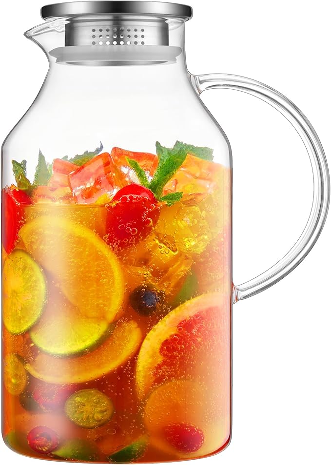 3 Liter 101 oz Glass Pitcher with Lid and Spout, Bivvclaz Glass Water Pitcher for Fridge, Glass Carafe for Hot/Cold Water, Iced Tea Pitcher, Large Jug for Coffee, Juice and Homemade Beverage