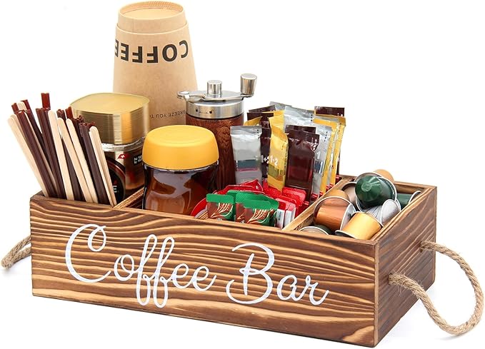 Wooden Coffee Pod Holder Coffee Station Organizer for Countertop Kcup Storage with Removable Dividers Bar Accessories Table Decor Tea Condiment Storage Box