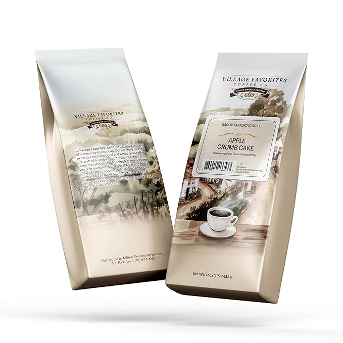 Village Favorites Flavored Coffee – Low Acid, Mold-Free, 100% Arabica, Slow Roasted Medium Roast, Smooth & Stomach Friendly, Ground, 1LB Bag (16oz)- Kosher (16oz, Apple Crumb Cake)