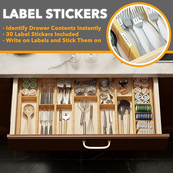 SpaceAid Bamboo Drawer Dividers with Inserts and Labels, Kitchen Adjustable Drawer Organizers, Expandable Organization for Home, Office, Dressers, 10 Dividers with 24 Inserts (17"-22" Natural)