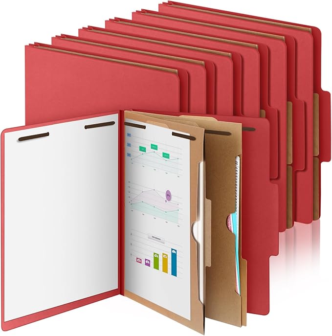 12 Pcs Classification Folders Letter Size, Back to School Supply for Teacher, Student, 2 Pocket Dividers Pressboard File Folder Bulk with 2 Fasteners, 2 in Expanding File Organizer (Red)