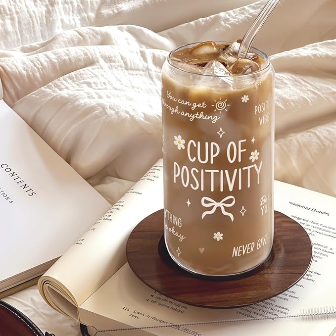 SANDJEST Inspiration Glass Can, Positive Motivational Cup with Lid & Straw, Iced Coffee Aesthetic Cups, Gift for Christmas Birthday Mother Day, Gifts for Women, 16oz