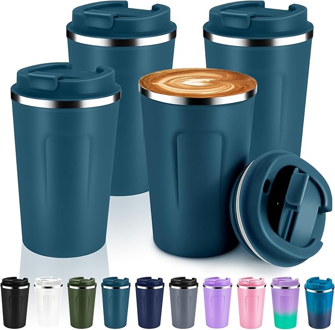 Volhoply 12 oz Double Wall Insulated Vacuum Travel Coffee Mug with Flip Lid Bulk 4 Pack,Reusable Stainless Steel Leak Proof Coffee Cups,Portable Cafe Thermal Tumbler for Hot & Cold Drinks(Bule,4 Set)