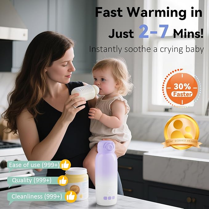 Portable Bottle Warmer for Travel, Large 12oz Capacity with Dual Heating Modes for Breast Milk & Water, Smart Temperature Control, Baby Bottle Warmer for Travel, Gifts for New Mom, Purple
