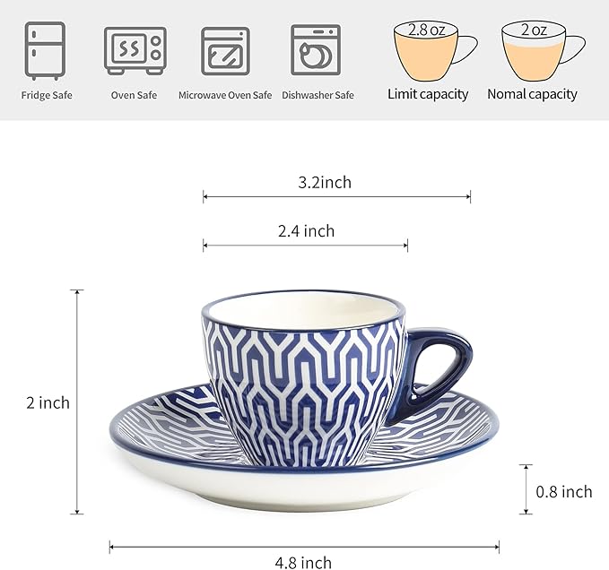 Selamica Ceramic 2 oz Espresso Cups, Small Expresso Coffee Cup Set with Saucers, Porcelain Mini Demitasse Cups for Latte Mocha Tea, Set of 6, Vintage Blue