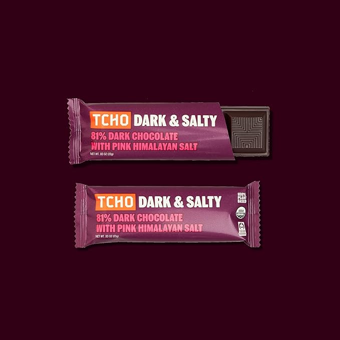 TCHO Dark & Salty Chocolate Bars - Organic 81% Dark Chocolate with Pink Himalayan Salt - Individually Wrapped 100% Plant-Based Pure Cacao Bars for Guilt-Free Indulgence (18-Pack)