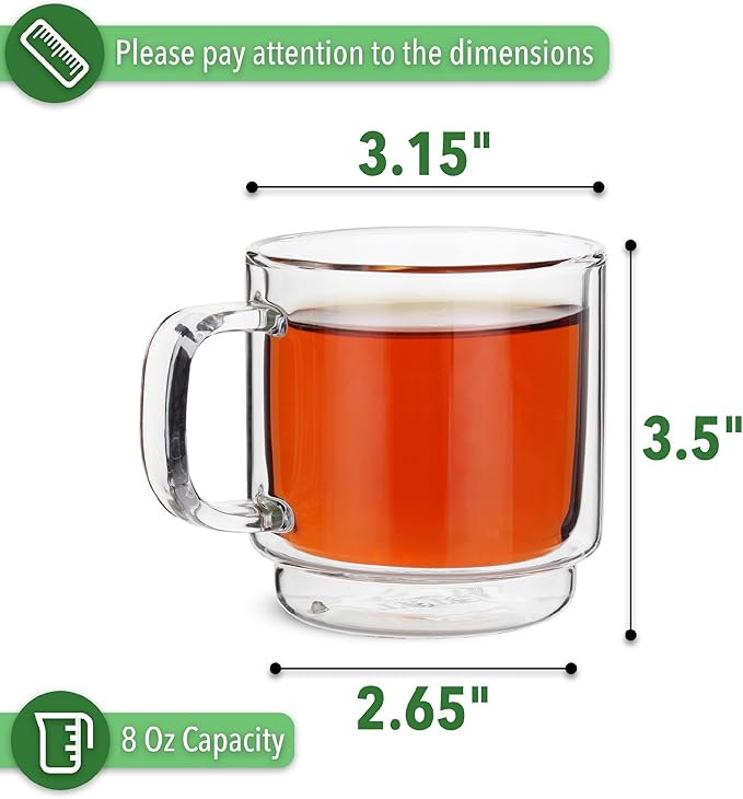 BTaT- Stackable Double Wall Glass Cups, Set of 4 (8 oz, 240 ml), Tea and Coffee Mugs, Cappuccino, Latte Cups, Clear