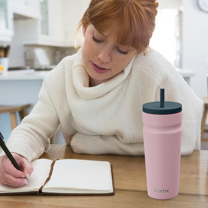 COKTIK 24oz Insulated Tumbler with Lid and Straw 2 Lids (Straw/Flip) Iced Coffee Cup Reusable Stainless Steel Travel Mug Water Bottle Cupholder Friendly for Women Men Her Him (Blush)