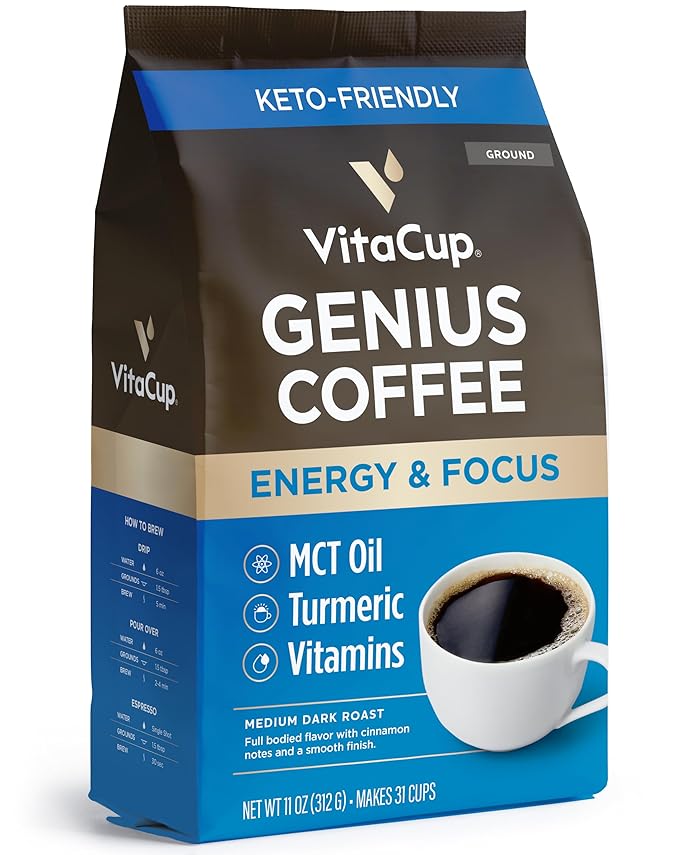 VitaCup Genius Ground Keto Coffee w/Turmeric, MCT Oil, B Vitamins, D3, Ground Coffee Medium Dark Roast, Bold & Smooth, 100% Arabica Coffee Grounds, 11 oz