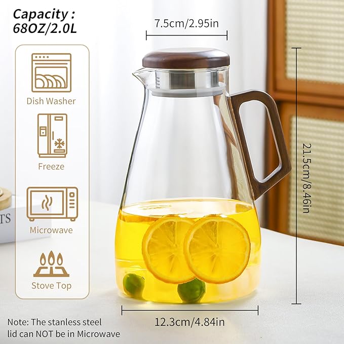 2L Glass Pitcher with Lid and Spout, Water Jug, 68OZ Carafe for Hot/Cold Water, Large Iced Tea Pitcher for Coffee, Juice and Homemade Beverage