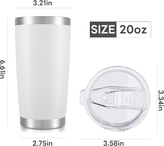 20 oz Tumbler with Lid Stainless Steel Double Wall Vacuum Insulated Tumblers Powder Coated Cups Travel Mug Keep Drinks Cold and Hot, White