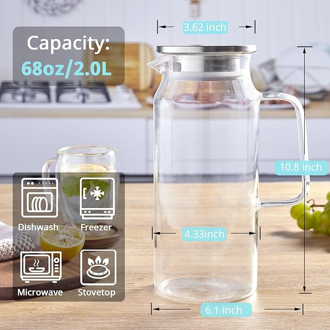 2 Pack 2 Liter 68 oz 2.1 Qt Glass Pitcher with Lid and Spout, Bivvclaz Water Pitcher for Fridge, Glass Carafe for Hot/Cold Water, Large Iced Tea Pitcher for Coffee, Juice and Homemade Beverage