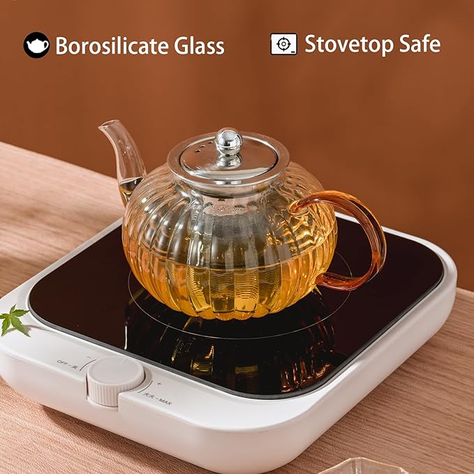 Glass Teapot 33.8oz/1000ml, Glass Tea Kettle with Removable Infuser, Pumpkin Shape Hand Blown Teapot for Blooming Flower Tea and Loose Leaf, Tea Lover's Choice