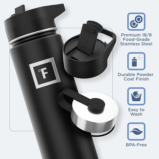 IRON °FLASK Camping & Hiking Hydration Flask with 3 Lids - Stainless Steel, Double Walled & Vacuum Insulated Water Bottle - Leak Proof & BPA Free (Cobalt, Straw - 22 oz)