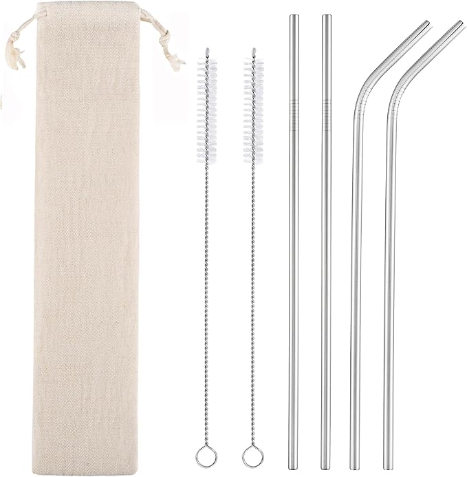 Set of 4 Reusable Metal Straws, Long Stainless Steel Straw with Cleaning Brushes and Case, Drinking for 30 oz and 20 oz Tumblers.