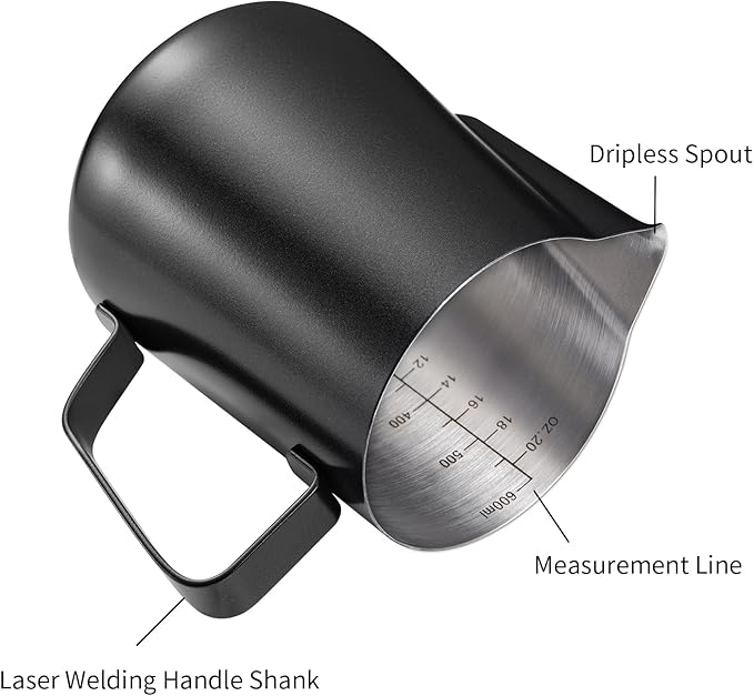 2 Pack Matte Black Milk Frothing Pitcher, 12oz/350ml & 20oz/600ml Espresso Steaming Pitcher, Stainless Steel Milk Frother Steamer Cup, Perfect for Espresso Coffee Cappuccino Latte Art