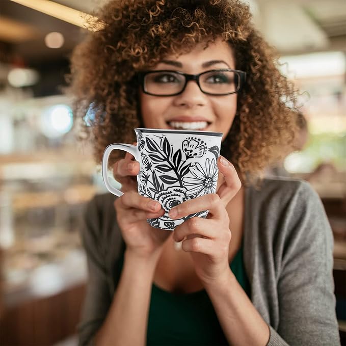 Karma Gifts 16 oz Black and White Boho Mug Floral - Cute Coffee and Tea Mug - Ceramic Coffee Mugs for Women and Men, 4.25" x 3.7"