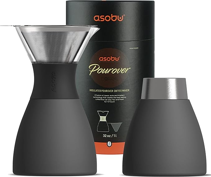 asobu Insulated Pour Over Coffee Maker (32 oz.) Double-Wall Vacuum, Stainless-Steel Filter and Take on the Go Carafe (Smoke)