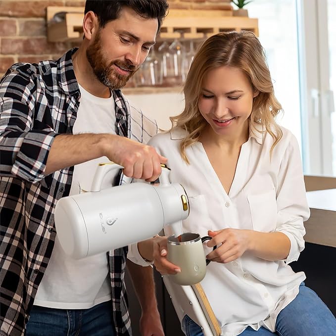 IDEUS Thermal Coffee Carafe 68oz (2,000ml), Stainless Steel Double Wall Insulated Vacuum Flask, Water Jug Coffee Server and Beverage Dispenser, Heat and Cold Retention (White-Gold, 68oz (2,000ml))