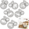 NAKLEO Coffee Stencils and Cookies Decoration 14Pcs 2.8”x2.8” and 4.3”x4.3”, Reusable Plastic Baking Templates, Transport Tractor Truck, Barista DIY Art Craft, Capuccino Latte Chocolate Cake Biscuit