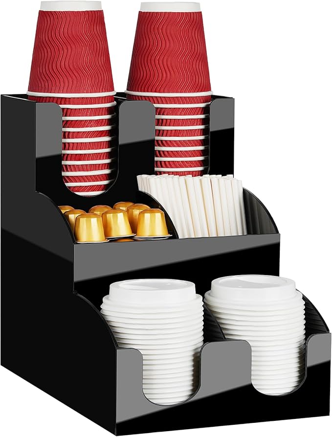 MYITYARD Coffee Station Organizer, Coffee Cup Holder for Countertop, Cup and Lid Dispenser with 6 Compartment, Cup and Condiment Station for Home, Kitchen, Office and Breakroom