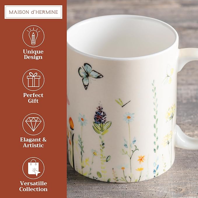 Maison d' Hermine Coffee Mug with Handles Fine Bone China Mugs Pack of One Tea Cups for Hot Beverages Cappuccino Latte Home Restaurant Office Perfect for Gift (Botanical Fresh - Meadow, 12 Ounce)