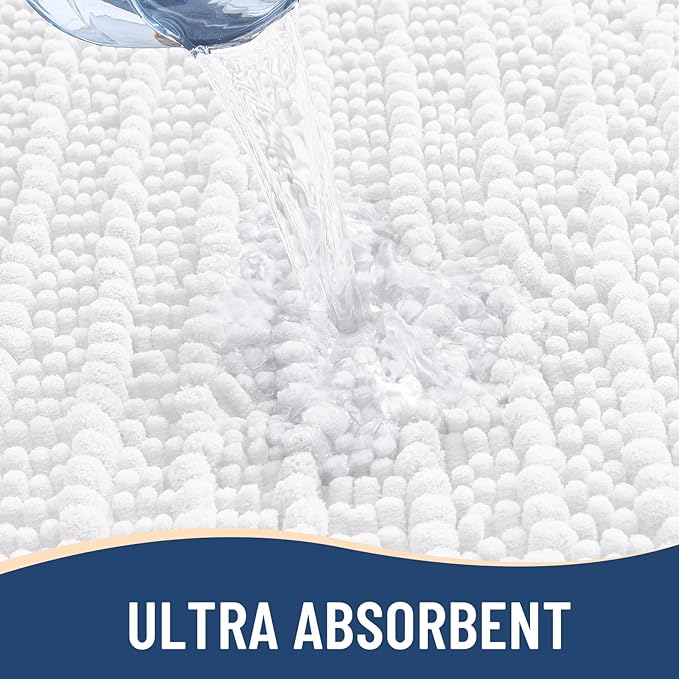 Arotive Luxury Chenille Bathroom Rug Mat, Extra Soft Thick Absorbent Shaggy Bath Rugs, Non-Slip Machine Wash Dry, Plush Bath Mats for Bathroom, Shower and Tub, 47x17, White