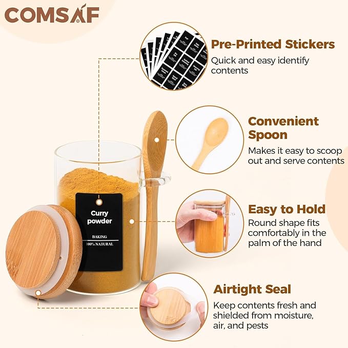 ComSaf Spice Jars with Spoon 8 oz 6Pack, Small Spice Containers Starter Set, Glass Seasoning Jars with Labels, Round Seasoning Containers for Salt, Pepper, Chili Powder, Sugar, Loose Tea Storage