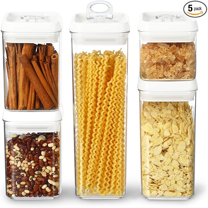 Felli Flip Tite Storage Container with Lid 4" Airtight Ring Seal Top, Stackable Acrylic Canister Jar Set for Kitchen Pantry Organizer, Food Spice Pasta Cereal Snack, Gifts for Women (5pk, Variety)