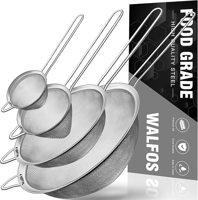 Walfos Fine Mesh Strainer 4PCS, Versatile Kitchen Strainer with Handle - 7", 5", 3.3", 2.8" Sieve Fine Mesh Stainless Steel, Metal Strainers and Sifters for Rice, Quinoa, Tea, Cocktail, Pasta, Juice