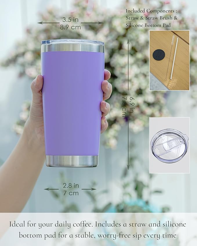 Travel Coffee Tumbler 20oz, 1 Pack Leakproof Travel Coffee Mug with Lid and Straw, Stainless Steel Double Wall Vacuum Insulated Tumbler for Hot/Iced Drinks (Textured Matte, Periwinkle)