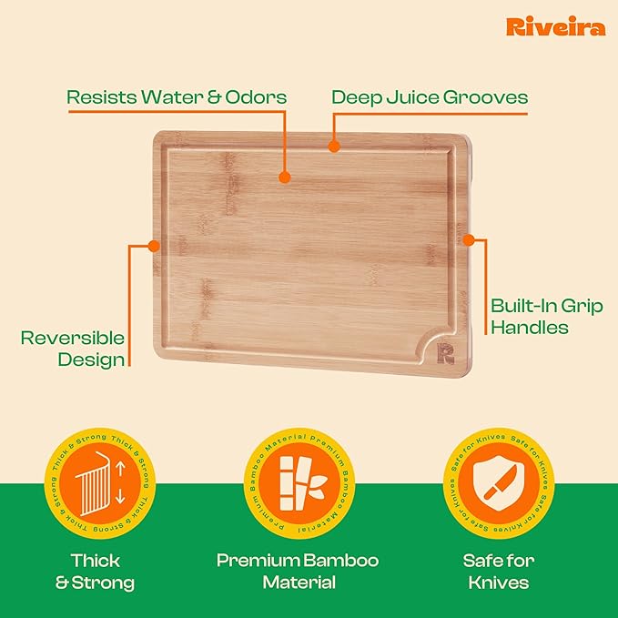Riveira Brown Bamboo Wood Cutting Board – Gourmet Bamboo Grandeur: 15 x 10 Wooden Cutting Board – Wooden Cutting Boards For Kitchen Decorative – Innovative Juice Grooves Wooden Chopping Board