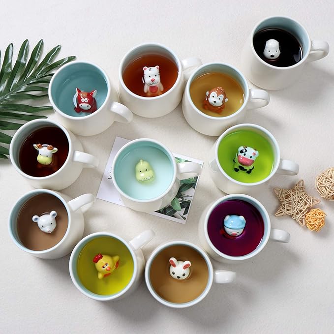 Monkey Ceramic Cup Hidden 3D Animal Inside Mug,12 oz Cute Cartoon Handmade Figurine Mugs,Christmas Birthday Surprise for Friends Family or Kids (Monkey)