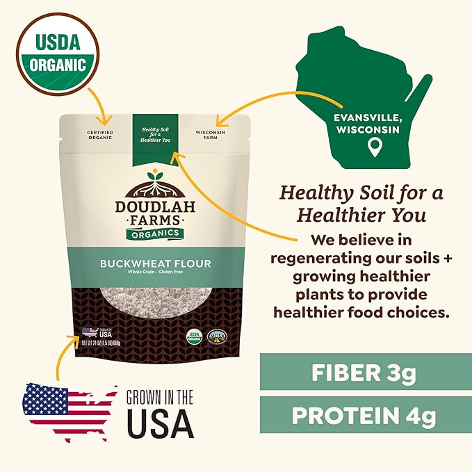 Organic Buckwheat Flour 5 lb - Non-GMO, USDA Organic, Gluten Free, Vegan - For Baking Bread, Pancakes, and More! Grown In USA, Farmed From Regenerative Soil by Doudlah Farms